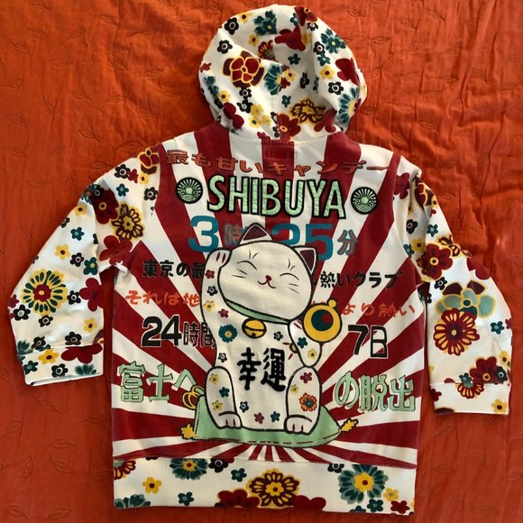 LUCKY BRAND SWEATSHIRT HOODIE* LUCKY CAT*SHIBUYA*JAPAN*EMBROIDER*ASIAN CHARACTER - Picture 2 of 9